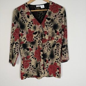 Dark Floral Blouse Womens Large Whimsigoth Feminine Asian Floral Witchy Preppy